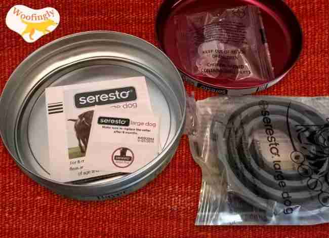 Opened Seresto Large Dog collar tin